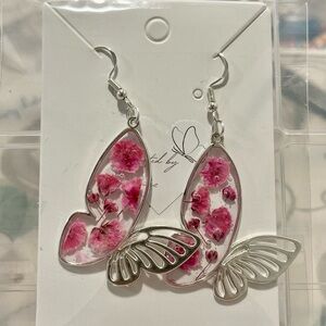 Resin Handmade Pink flower Butterfly Earrings